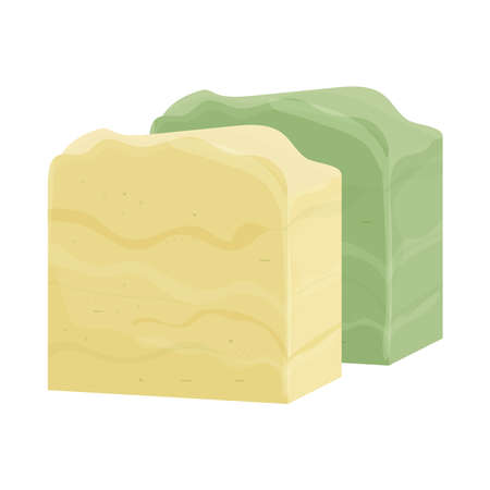 Natural handmade vector soap bar in cartoon flat style in trendy colours isolated on white background. Organic spa soap making. Vector illustrationのイラスト素材
