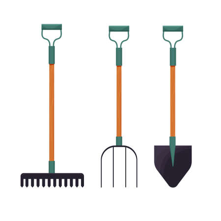 Set of farmer, gardening equipment in flat cartoon style, Planting tool kit isolated on white background. Cartoon rake for harvesting, garden shovel, pitchfork stock vector illustration.のイラスト素材