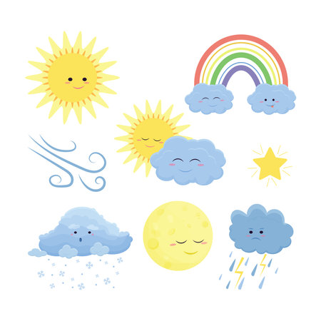 Cute weather icons set in cartoon flat style isolated on white background. Vector illustration of sun, rain, storm, snow, wind, moon, star, rainbow. Funny charactersのイラスト素材