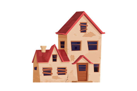 Old abandoned house, building in cartoon style isolated on white background. Broken property, wooden doors and windows with holes. Vector illustrationのイラスト素材