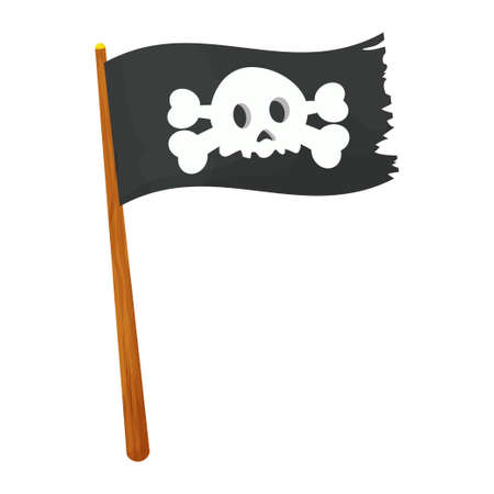 Pirate flag with skull and cross bones on wooden stick in cartoon style flat icon, bones shape label, web ribbon, app emblem illustration sign, shape badge isolated on white background. Vector illustrationのイラスト素材