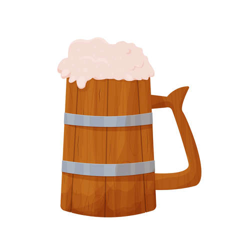 Wooden mug with beer in cartoon style isolated on white background. Alcohol Beverage, party, pub element. . Vector illustrationのイラスト素材
