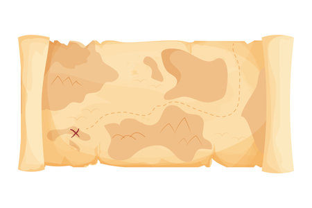 Old treasure map for pirate adventures in cartoon style isolated on white background. Fantasy and simple skroll parchment.. Ui asset. Vector illustrationのイラスト素材