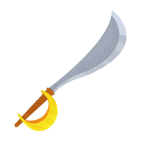 Medieval curved sword, saber pirates weapon in cartoon style isolated on white background. Handle antique equipment. Ui asset. Vector illustrationのイラスト素材