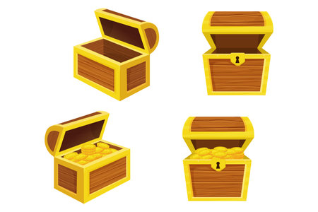 Set of wooden chests empty and with gold pirate coins in cartoon style isolated on white background. Ui game assets. Retro treasure box, trophy concept. Vector illustrationのイラスト素材