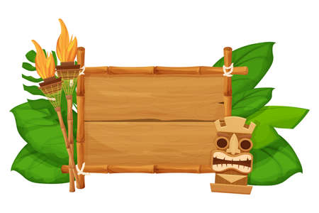 Tiki tribal hawaiian mask, statuette with human face on bamboo wooden frame with torch in cartoon style decorated exotic, palm leaves isolated on white background. God from ancient of Hawaii.のイラスト素材