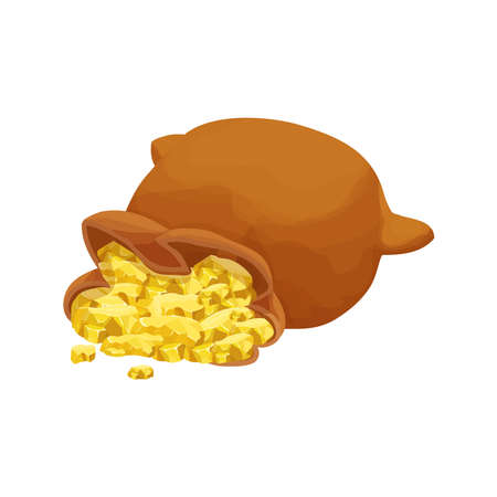 Old bag full of gold nugget in cartoon style isolated on white background. Award concept, fortune, ui game asset. Moneybag retro decoration. Vector illustrationのイラスト素材
