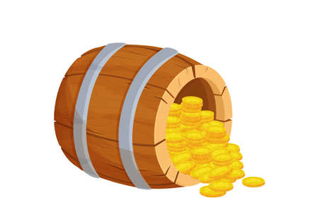 Wooden barrel with treasure gold coins in cartoon style isolated on white background. Ui game asset. Detailed, textured object. Container retro. Vector illustrationのイラスト素材