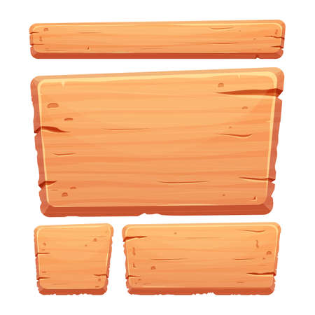 Wood button set in cartoon style with cracked details isolated on white background. Game assets, ui interface, menu. Collection of different shapes for application.のイラスト素材