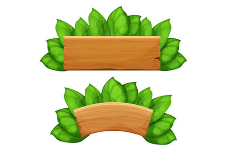 Set Wooden plank, billboard, frames with leaves, exotic, jungle decoration in cartoon style isolated on white background. Empty board, textured an detailed. Vector illustrationのイラスト素材