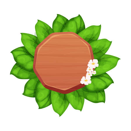 Wooden plank, round billboard, frame with leaves and flowers, exotic, jungle decoration in cartoon style isolated on white background. Empty board, textured an detailed. Vector illustrationのイラスト素材