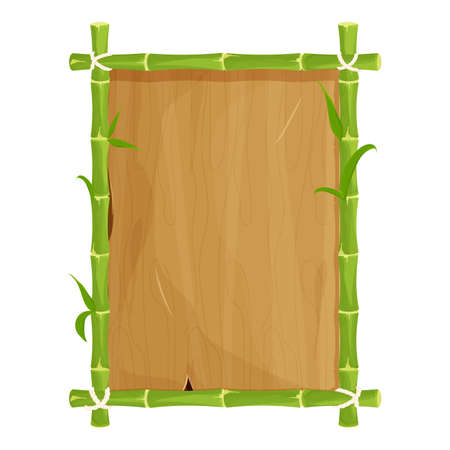 Green bamboo frame with leaves, empty wooden plank, signboard in cartoon style isolated on white background. Asian tribal decoration, exotic element. Vector illustrationのイラスト素材