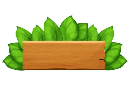 Wooden plank, billboard with leaves, exotic, jungle decoration in cartoon style isolated on white background. Empty board, textured an detailed. Vector illustrationのイラスト素材