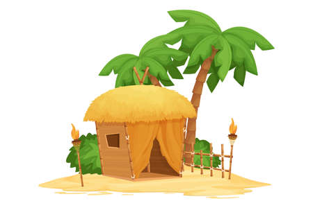 Beach bungalow, tiki hut with straw roof, bamboo and wooden details on sand in cartoon style isolated on white background. Fantasy building with palm trees, torch. Travel concept. Vector illustrationのイラスト素材