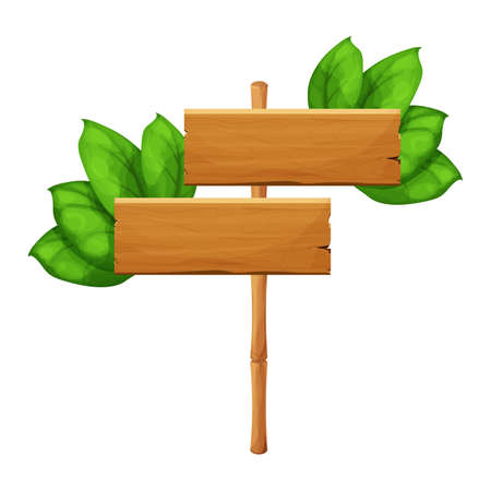 Wooden sign with green bamboo sticks decorated with tropical leaves, empty frame in cartoon style isolated on white background. Textured object, ui asset. Jungle. Vector illustrationのイラスト素材