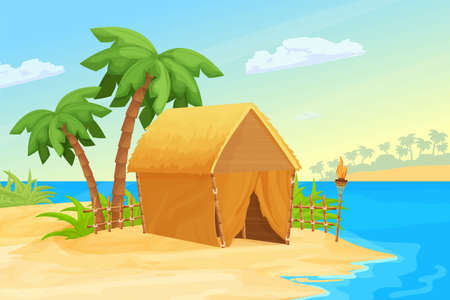 Seascape with island, hut or bungalow with straw roof and bamboo decorations, palm trees, tiki torch with fire and sand in cartoon style. Exotic scene, vacation concept. Horizontal landscape. Vector illustrationのイラスト素材