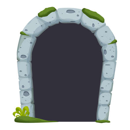 Stone castle arch door, ruined with moss, grass comic in cartoon style isolated on white background. Decoration with bricks, medieval dark entrance. Ui assetのイラスト素材