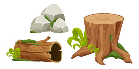 Set tree stump, log and stone pile with moss in cartoon style, forest objects isolated on white background. Ui assets. Nature collection for landscape.のイラスト素材