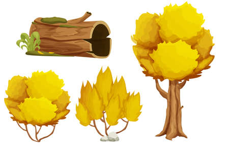 Forest nature elements fall, autumn landscape set with tree, stump, old trunk, bush and moss in cartoon style isolated on white background. Ui assets, for computers game interface vector Illustrationsのイラスト素材