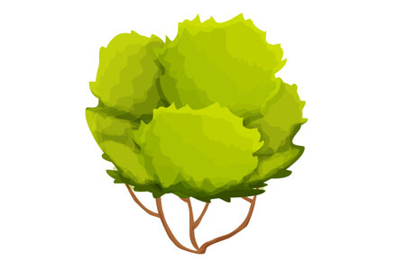 Forest green bush, curved trunk and foliage in cartoon style isolated on white background. Natural element, landscape objectのイラスト素材
