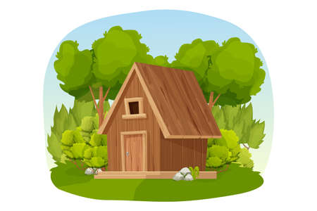 Forest hut, wooden house or cottage decorated with trees, grass and bush in cartoon style isolated on white background. Cabin, country building with roof, window and door.のイラスト素材