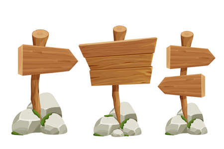 Set wooden pointer, signboards with rock pile and moss in cartoon style isolated on white background. Ui assets, design elements. Textured old tree branch with plank.のイラスト素材