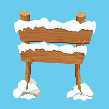 Old wooden blank, signboard with snow in cartoon style.Empty frame, direction plank isolated on white background. Season decorationのイラスト素材