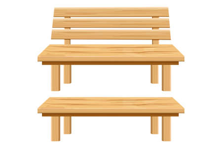Set of benches, park or garden decorations in cartoon style isolated on white background, wooden detailed and textured collection, different viewのイラスト素材