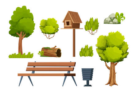 Park set of elements, wooden bench, trees, bush, stone with moss, old log, birdhouse, bin in cartoon style isolated on white background.のイラスト素材