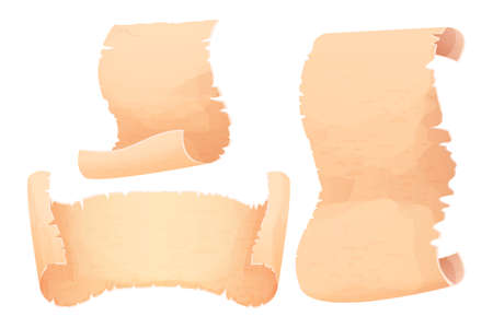 Set parchment, scroll papyrus, antique paper blank in cartoon style isolated on white background. Fairy, fantasy element, ui assets. Textured, detailed empty manuscript.のイラスト素材