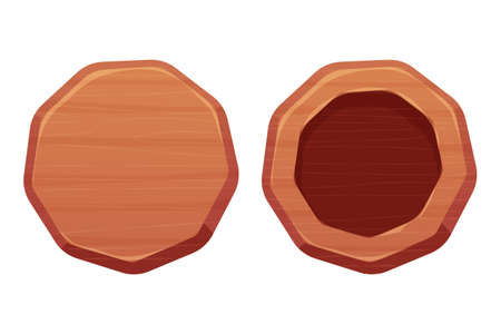 Wood sign, banner, wooden round empty plank in cartoon style isolated on white background. Game assets, ui element. Textured material, frame for massage, decoration.のイラスト素材