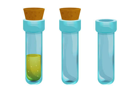 Set Magic Bottle with liquid potion elixir, empty glass lab game icon in cartoon style isolated on white background. Jar, spooky wizard, alchemy assetのイラスト素材