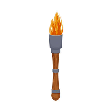 Medieval torch wooden stick and iron with flame in cartoon style isolated on white background. Antique lamp, winner symbol. ui game asset.のイラスト素材