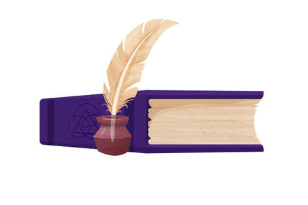 Magic mystic book, witchcraft equipment with inkwell and feather pen in cartoon style isolated on white background. Sorceress, ui asset.のイラスト素材