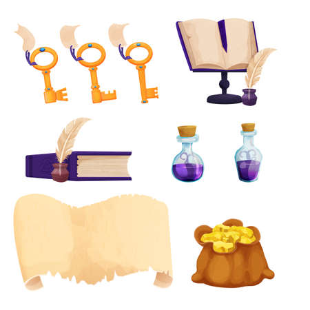 Set Witchcraft tools Magic Bottles with liquid potion, parchment scroll, quill, old books, gold keys and bag with treasure in cartoon style isolated on white background. alchemy assetのイラスト素材