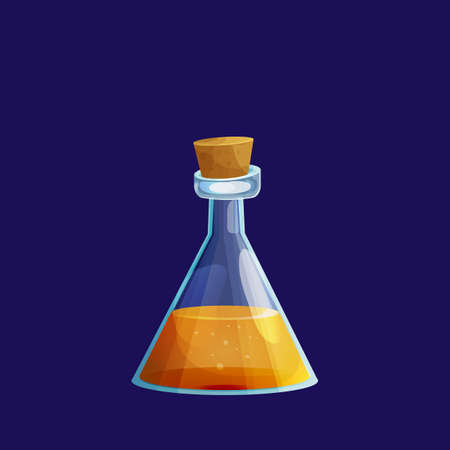Magic Bottle with liquid potion elixir lab game icon in cartoon style isolated on white background....