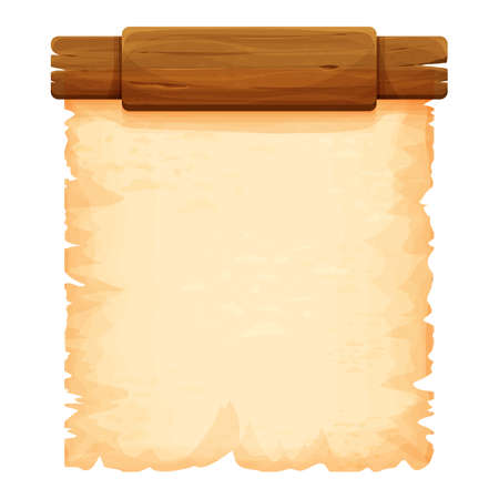 Wood planks with parchment paper in cartoon style isolated on white background. Frame, medieval panel, menu. Empty gui asset, signboard.のイラスト素材