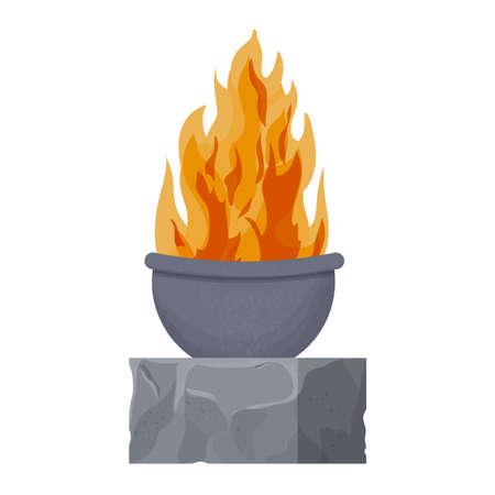 Fireplace, medieval castle torch on stone in cartoon style isolated on white background. Textured and detailed decoration, ancient flame.のイラスト素材