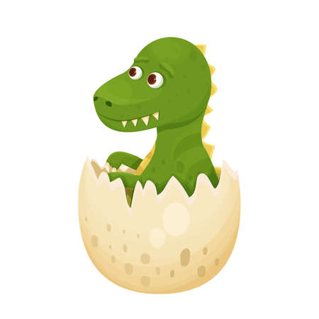 Cute dinosaur baby in egg hatching in cartoon style isolated on white background. Animal, reptile little adorable monster.のイラスト素材