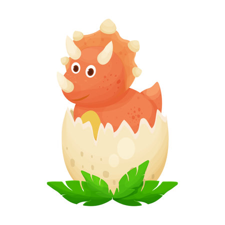 Cute dinosaur baby in egg hatching in cartoon style isolated on white background. Animal, reptile little adorable monster.のイラスト素材