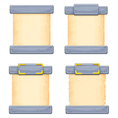 Set frames with stone and parchment, gold details in cartoon style isolated on white background. Ancient empty decoration. Ui game asset, menu design. Medieval signboard, blank.のイラスト素材