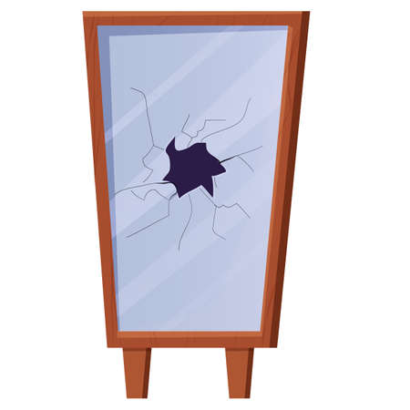 Wooden frame with broken mirror in cartoon style isolated on white background. Bad luck, accident, cracked looking glass.のイラスト素材