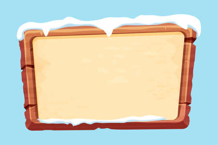 Wood planks with parchment paper and snow in cartoon style isolated on white background. Frame, holiday panel, menu. Empty gui asset, signboard.のイラスト素材