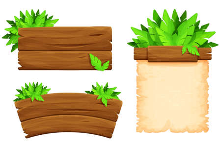 Set wooden signboard with tropical leaves in cartoon style, empty jungle signpost isolated on white background. Ui game asset, exotic decoration.のイラスト素材