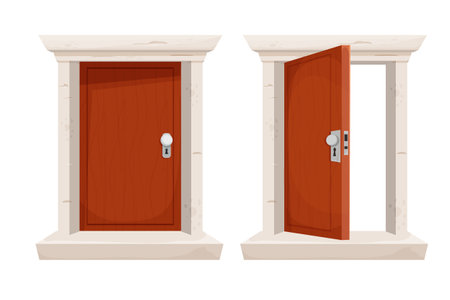 Set wooden door open and closed in cartoon style isolated on white background. Stone door frame, entrance. Game element.のイラスト素材