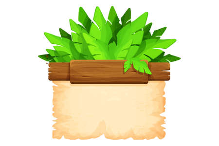 Wood planks with parchment paper jungle frame in cartoon style isolated on white background. Frame, medieval panel, menu. Empty gui asset, signboard. Vector illustrationのイラスト素材