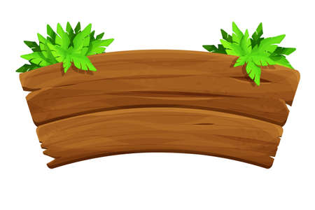 Old wood plank, signboard decorated palm leaves in cartoon style isolated on white background. Jungle, tropical element, textured and detailed board. Ui game asset. Vector illustrationのイラスト素材