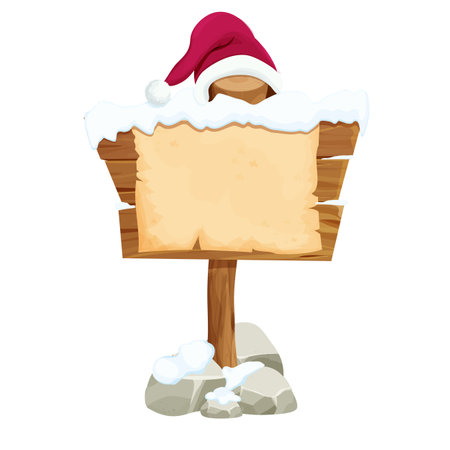Wooten signboard and parchment paper, empty Christmas letter with Santa hat in cartoon style isolated on white. New year decoration, frame. Holiday, winter. Vector illustrationのイラスト素材