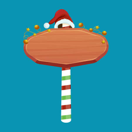 Christmas wooden signboard, road sign on striped stick with Santa hat and gold garland, empty frame in cartoon style isolated on white background. Holiday decoration. Ui game asset.のイラスト素材