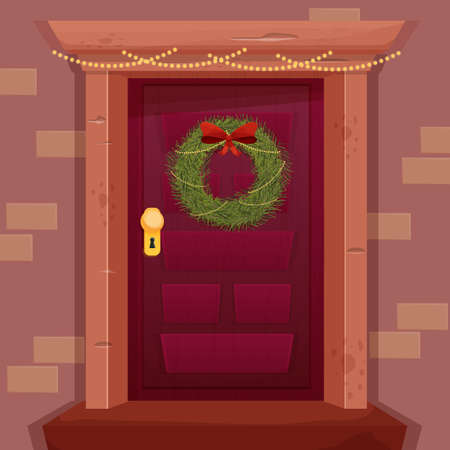 Christmas Wreath with red bow on retro wooden Door in cartoon style isolated on white background. Winter, holiday decoration.のイラスト素材